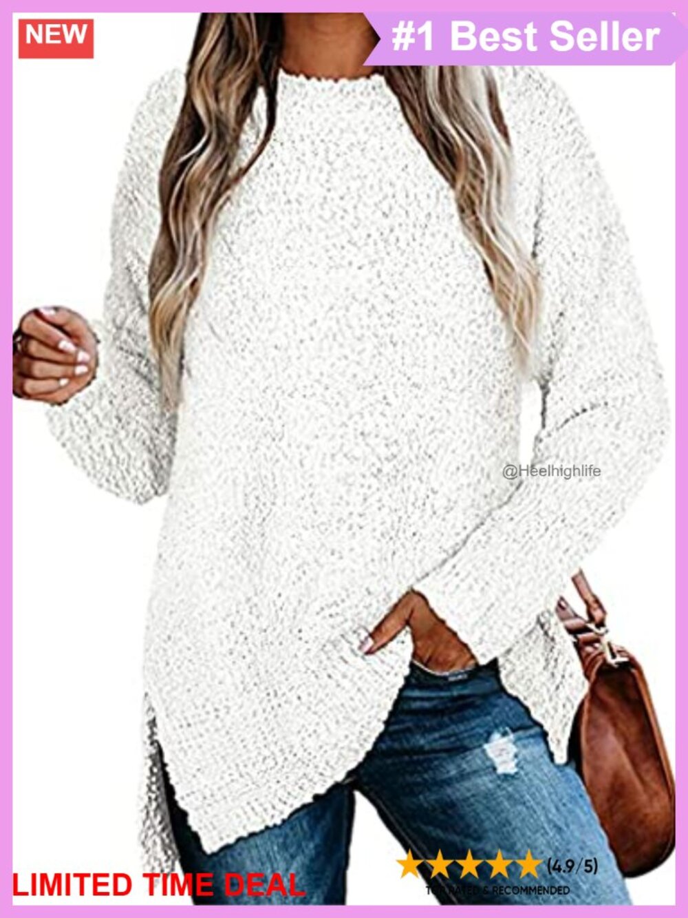 Fuzzy Knitted Long Sleeve Sweater Tunic Pullover Crew Neck Side Split